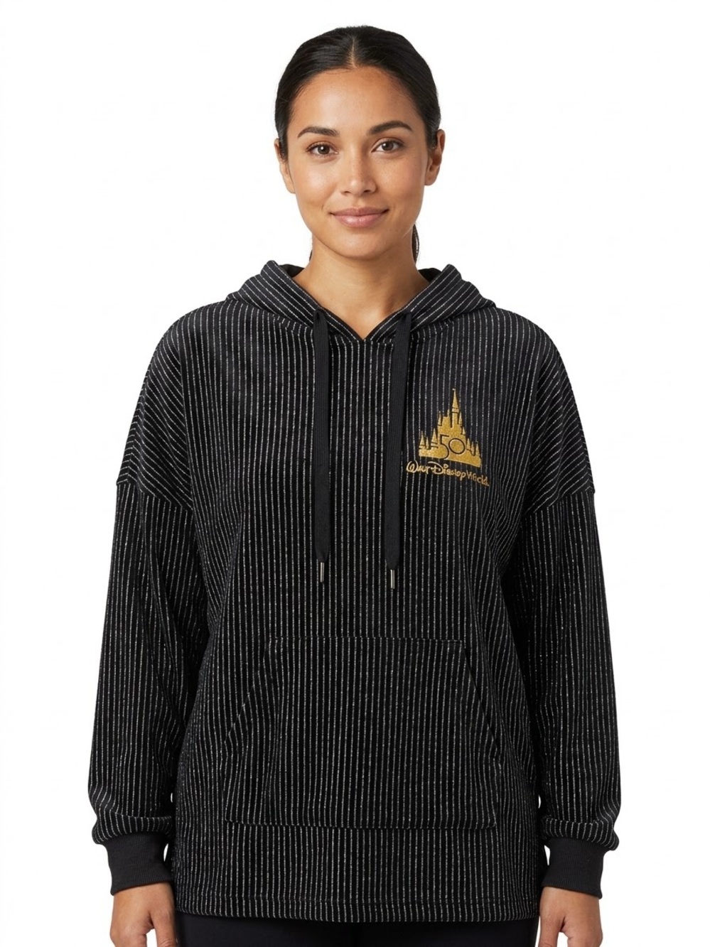Disney 50 Year Vintage Black Velour Pinstripe Hoodie with Gold Castle Emblem M